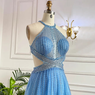 Blue Sexy A-Line 2024 Beaded Halter Prom Dress: Celebrity Graduation School Party Gown