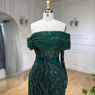 Ships in 1 to 3 Days - Arabic Nude Mermaid Evening Gown: One-Shoulder Beaded Luxury Dubai Design for Women's Wedding Party