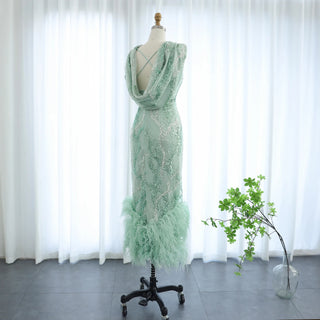 Custom-Made Luxury Dubai Sage Green Evening Gown with Feather Details - 2024 Arabic Wedding, Graduation, and Prom Dress