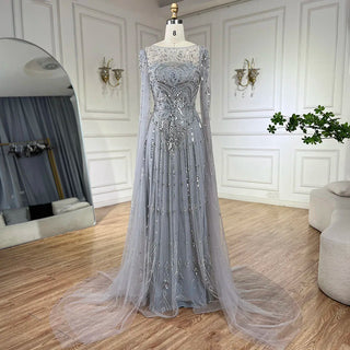 2024 Luxury Dubai Blue Cape Sleeves Alina Beaded Stone Arabic Evening Gowns for Women | Wedding Party