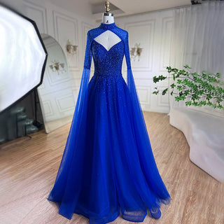 Arabic Blue Cape Sleeves A-Line Beaded Luxury Dubai Evening Dresses Wedding Party Gowns For Women 2024