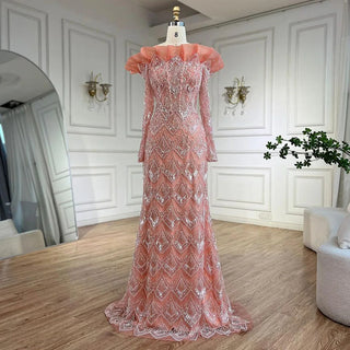 Elegant Arabic Peach Mermaid Evening Gown with Pearl and Beaded Detailing