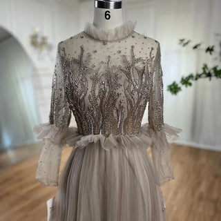 Caramel A-Line Crystal Beaded Evening Dress 2024 with O-Neck and Long Sleeves for Women's Wedding Party