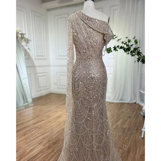 Elegant Nude Mermaid One-Shoulder Pearls Beaded Luxury Evening Dress - Wedding Party Gown for Women 2024