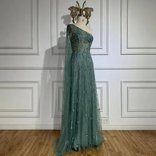 Dubai Green A-Line One-Shoulder Cape Sleeves Beaded Luxury Evening Dress - Gown for Women's Wedding Party