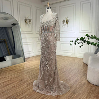 Ships in 1 to 3 Days - Dubai Luxury Pearls Beaded Nude Elegant Arabic Mermaid Evening Dress for Women - Wedding Party 2024