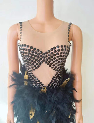 Black Feather Embellished Gown with Beaded Bodice and Sheer Insets