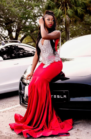 Glamorous Red Mermaid Gown with Beaded Fringe Details