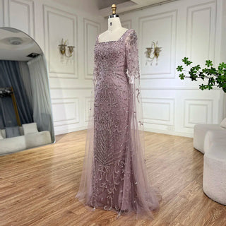 Ships in 1 to 3 Days - 2024 Arabic Caramel Mermaid Long Evening Dress with Beaded Cape Sleeves Gown for Women's Wedding Party