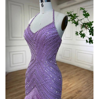 Lilac Elegance: 2024 Luxury Dubai Feathered Evening Dresses - Halter Mermaid Style