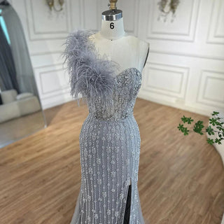 Gray Mermaid One Shoulder High Split Beaded Feather Luxury Evening Dress: 2024 for Women's Party