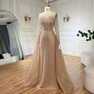 Elegant Muslim Beige Overskirt Mermaid Evening Gown 2024 - Luxury Beaded Design