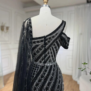 Arabic Dubai Black Long Cloak Mermaid Beaded Luxury Evening Dress - Gown for Women's Wedding Party 2024