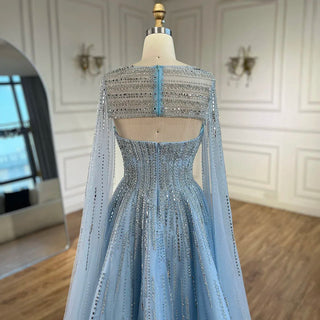 2024 Arabic Blue Cape Sleeves A-Line Beaded Evening Dress | Long Celebrity Gown for Women's Wedding Party