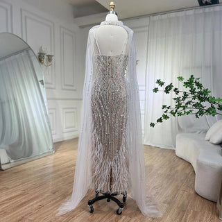 Ships in 1 to 3 Days - 2024 White Nude Mermaid Wedding Party Dress: Beaded Feathers Luxury Cape Sleeves Prom Gown