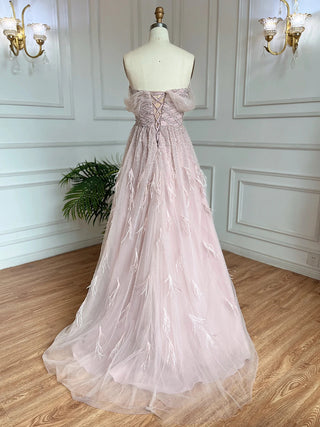 Luxury Feather Pink Dubai Evening Dresses: Elegant Off-Shoulder, Beaded Champagne Formal Dress for Women at Weddings