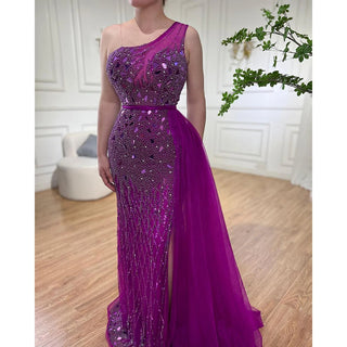 Arabic Purple Mermaid One Shoulder Evening Dress 2024 - High Split, Beaded Luxury Gown for Women's Party