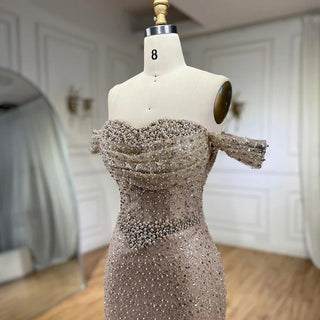 Dubai Arabian Elegance: 2024 Nude Mermaid Evening Gown - Luxury Beaded Dress with Pearls for Women's Wedding Party