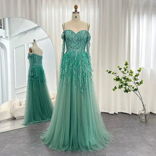 Luxury Dubai Sage Green Feathers Evening Dress for Women Elegant 2024 Lilac Burgundy Wedding Party Formal Gown