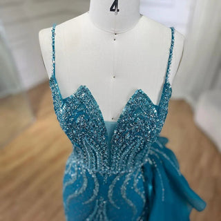 2024 Sky Blue Spaghetti Strap Luxury Evening Dress: Mermaid Beaded Elegant Overskirt for Women's Party