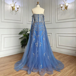 Ships in 1 to 3 Days - Blue A-Line Off-Shoulder Cape Sleeves Evening Dress 2024 - Beaded Luxury Gown for Women's Arabic Party