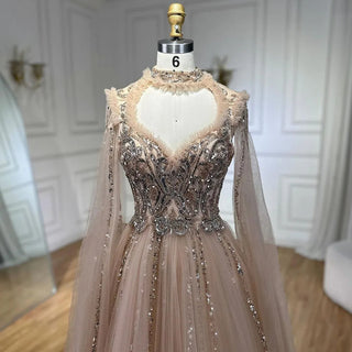 Ships in 1 to 3 Days - 2024 Arabic Nude A-Line Elegant Evening Dress with Cape Sleeves - Beaded Luxury Gown for Women's Wedding Party