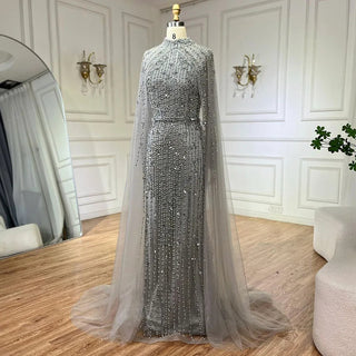 Ships in 1 to 3 Days - Modest Nude Mermaid Evening Dress with Cape Sleeves - Pearls Beaded Luxury Dubai Gown for 2024 Women's Wedding Party