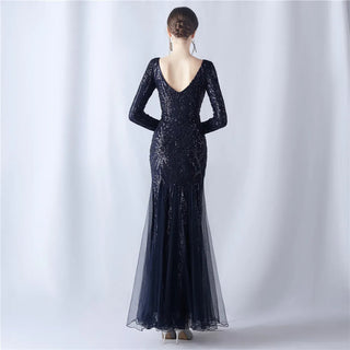 Sexy Navy Sequin Long Sleeve Prom Dress - Evening Party Maxi Dress