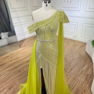 Arabic Blue One-Shoulder Yellow High-Split Mermaid Beaded Evening Gown for Women Wedding Party 2024