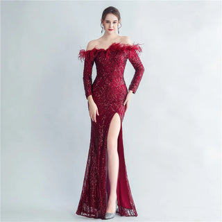 Off-Shoulder Feather Sequin Full Sleeve Evening Dress - Long Party Maxi Dress