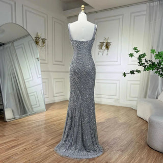 Silver Mermaid Evening Dress - Detachable Skirt, Beaded Luxury, Arabic Design for Women's Party 2024