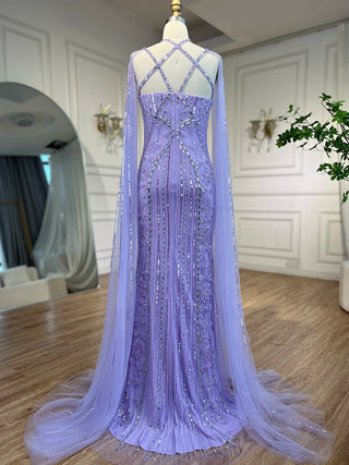 Ships in 1 to 3 Days - Arabic Luxury Dubai Mermaid Blue Evening Gown with Cape Sleeves and Beading for Women's Party 2024