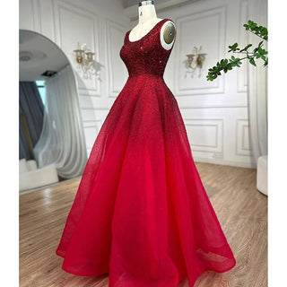 Champagne A-Line Crystal Beaded Lace-Up Luxury Dubai Evening Dress - Gowns for Women's Wedding Party