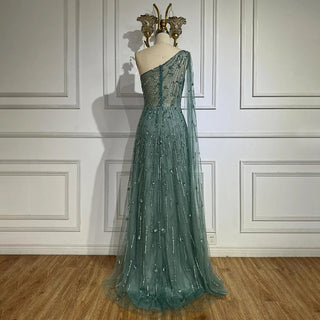 Dubai Green A-Line One-Shoulder Cape Sleeves Beaded Luxury Evening Dress - Gown for Women's Wedding Party