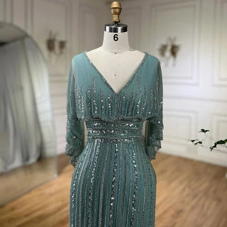 Ships in 1 to 3 Days - Turquoise Mermaid Elegant Evening Gown 2024: Long Cape, Beaded Luxury Dubai for Women's Wedding Party