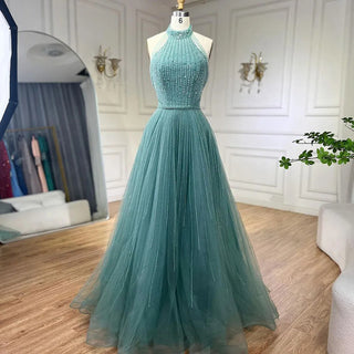 Ships in 1 to 3 Days - Arabian Nights: 2024 Caramel Elegant A-Line Luxury Evening Dress - Dubai Sequins Beaded Tassel Formal Halter Dress