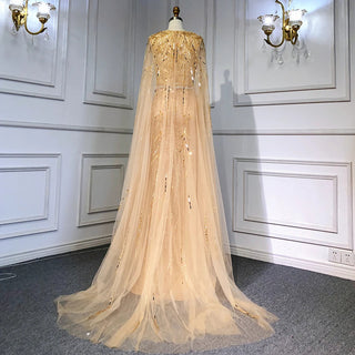 Gold Arabic Cape Sleeves Beaded Evening Dress: 2024 Mermaid Elegant Luxury Gown for Women's Party