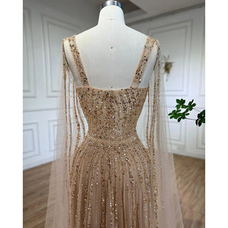 Ships in 1 to 3 Days - Elegant Arabic Gold A-Line Cape Sleeves Beaded Luxury Dubai Long Evening Dress - Wedding Party Gown for Women 2024