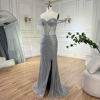 2024 Silver Nude Off-Shoulder Mermaid Elegant Beaded Tassel Evening Dresses Gown for Women Wedding Party