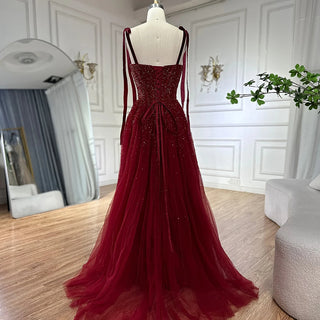 Ships in 1 to 3 Days - 2024 Saudi Wine Red Beaded Evening Gown - Spaghetti Strap A-Line Luxury Floor-Length Dress for Formal Occasions