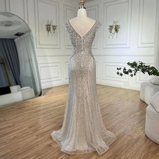 Ships in 1 to 3 Days - Dubai Beige Elegant Sleeveless Mermaid Beaded Arabic Evening Dresses Gowns for Women Wedding Party 2024