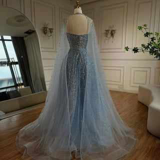 Ships in 1 to 3 Days - 2024 Arabic Blue Luxury Dubai Evening Gown | A-Line Elegant Cape Sleeves Beaded Dress for Women's Party