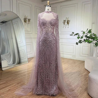 Nude Mermaid Elegant High Collar Cape Sleeves Luxury Beaded Evening Dress Gown for Women's Party 2024