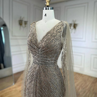 Customized Arabic Nude Luxury A-Line Beaded Evening Dress with Cape Sleeves for Women’s Wedding Party