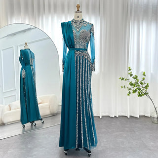 Luxury Crystal Dubai Muslim Evening Dress with Overskirt: Gray Arabic Formal Dresses for Women at Wedding Parties