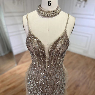 2024 White Nude Mermaid Evening Gown: Spaghetti Straps with Beaded and Feather Detail - Perfect for Prom and Wedding Party