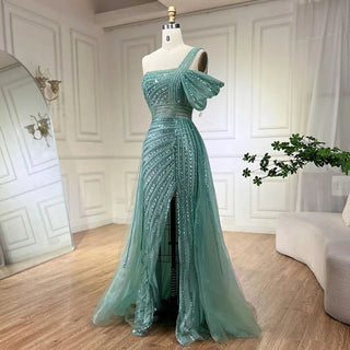 Turquoise Elegant One-Shoulder Mermaid Evening Gown 2024 with High Split - Perfect for Women's Wedding Parties