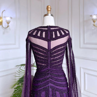 Arabic Purple Elegant Mermaid Cape Sleeves Lace Beaded Evening Dress - Women's Wedding Party Gown 2024