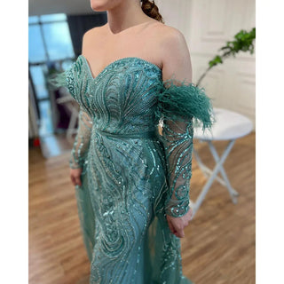 Chic Arabic Luxury Nude Mermaid Evening Dress with High Split, Beaded Feathers - Long 2024 Gown for Women's Wedding Party