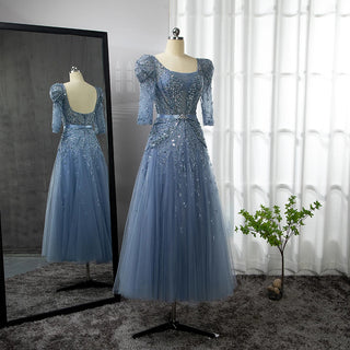 Blue Midi Evening Dress 2024 - Luxury Dubai Muslim Ankle-Length Arabic Short Wedding Formal Party Gown